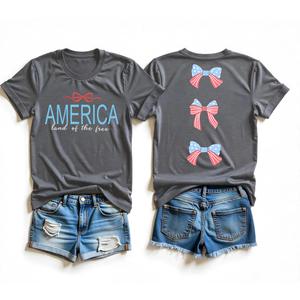 Fussinatioanry American Flag Patriotics T Shirts for Women USA 4th of July Tee Red White Blue Bow Graphic Short Sleeve Casual Tops,Grey,2XL