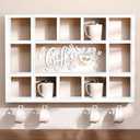 Cinnvoice Oversize Coffee Mug Display Shelf for Wall Wood Coffee Mug Rack Wall Mounted Shelf Cubes Cup Hooks Hanger with Bar Sign Decor for Kitchen Station Bar Accessories(Old White)