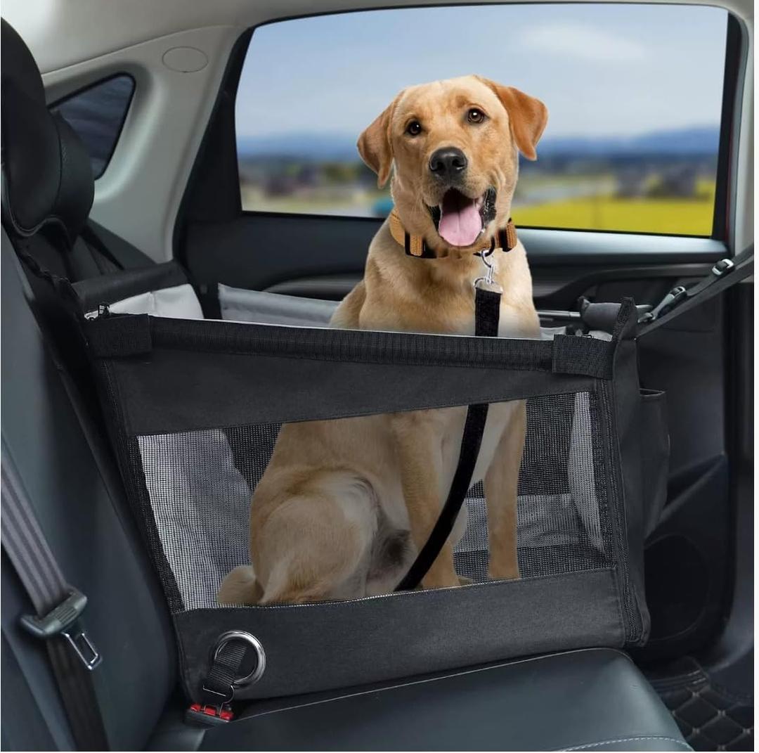 Summer Dog Car Seat for Dogs, Portable Travel Bed with Safety Restraint & Vehicle Protector, 19.3" Waterproof Washable Carrier, Seat Belt Anchor & Harness Tether, Fits Front/Back Seat