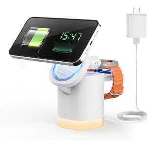 Wireless Charging Station for iPhone Mag-Safe: JoyGeek 3-in-1 Foldable Charger Phone Stand Charger for iPhone 16/15/14/13/12 Pro/Max/Plus - for AirPods - for Apple Watch 2-10/Ultra (White)