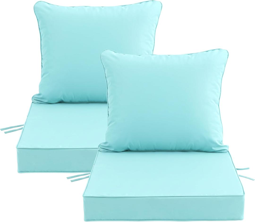 24''x24'' Outdoor Chair Cushions Set of 2, Patio Furniture Cushions - Removable Cover, Water-Repellent, Fade-Resistant, Non-Slip Bottom & Straps, Replacement for Deep Seat Sofa & Couch - Light Blue