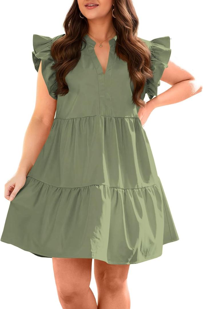 Fisoew Plus Size Dresses for Women Summer Ruffle Short Sleeve V Neck Dress Tiered Swing A Line Babydoll Mini Dress