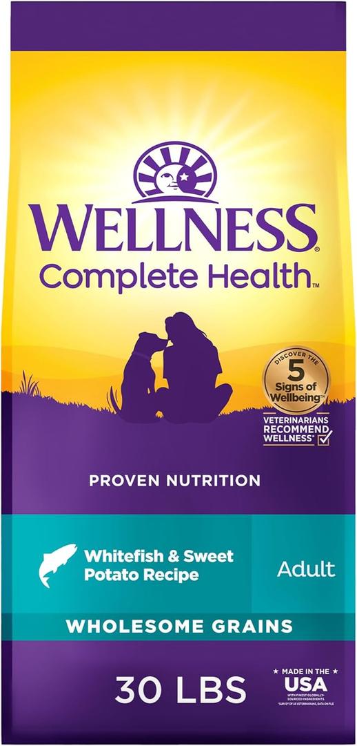 Wellness Complete Health Adult Dry Dog Food, Wholesome Grain Kibble, Natural, Chicken Free, Whitefish and Sweet Potato Recipe, 30 lb Bag (EXP 10/15/27)