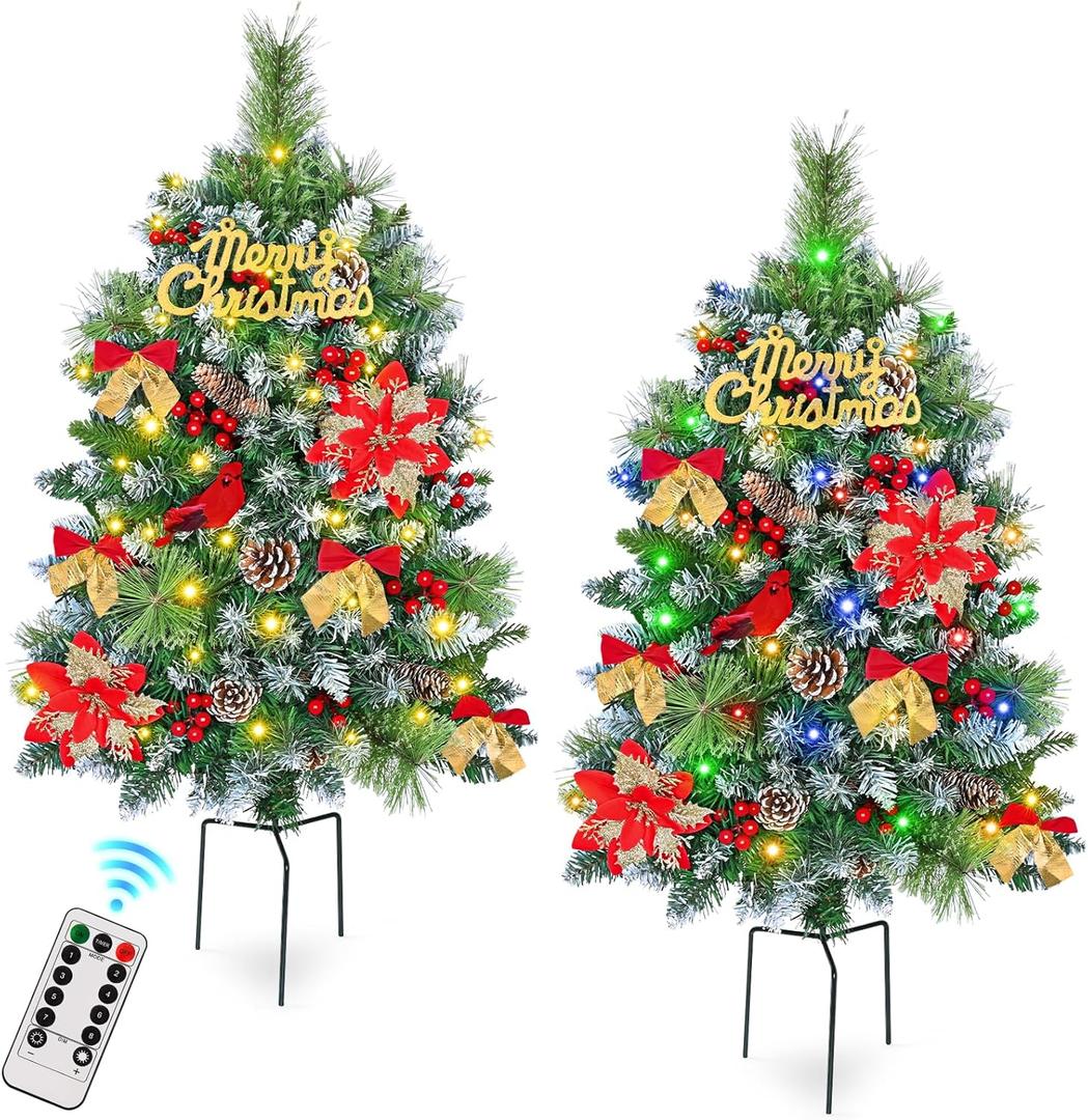 MARTINE MALL Set of 2 Outdoor Christmas Tree with Lights, 30in Christmas Urn Filler Christmas Planter Filler Outdoor Holiday Planter Bushes with Poinsettia Cardinal Birds for Front Porch Pathway