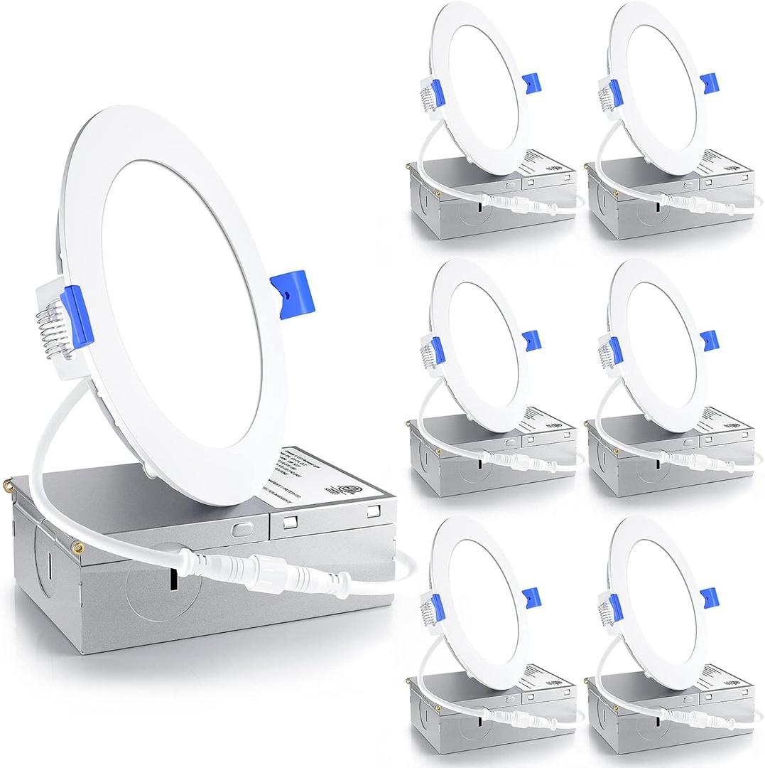Ensenior 6 Pack 4 Inch LED Recessed Light, Dimmable, 5000K Daylight, 750LM High Brightness, 9W 120V, Damp Rated, Ultra-Thin Canless Wafer Ceiling Light - ETL & FCC & IC