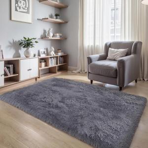 Thick Area Rug Grey Fluffy Shag 3x5 for Bedroom, Ultra Soft Plush Fuzzy Washable Throw Carpet, Modern Non Slip Cozy Furry Shaggy Rug for Living Room Kids Baby Nursery College Dorm