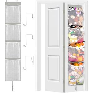 Woodoulogy Stuffed Animal Storage Over Door, Hanging Toy Organizer, Plush Doll & Bear Baby Accessory Holder Idea for Nursery, 12 Inch Wide Mesh Bag for Bi-Fold Door Closet Girl Boy Kid