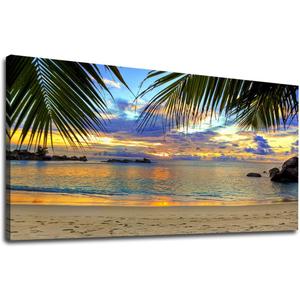 yearainn Canvas Wall Art Tropic Beach Sunset Palm Tree Leaves Large Nature Pictures Coast Landscape Canvas Artwork Seascape Ocean Contemporary Prints for Living Room Home Office Wall Decor 29" x 58"