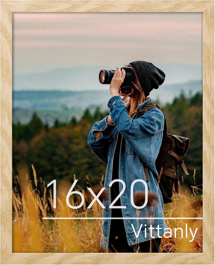 Vittanly 16x20 Picture Frame for Wall, Plexiglass, Displays Poster 11x14 with Mat or 16x20 without Mat, PVC Frame Material, Horizontal or Vertical Hanging, 1 Pack, Natural