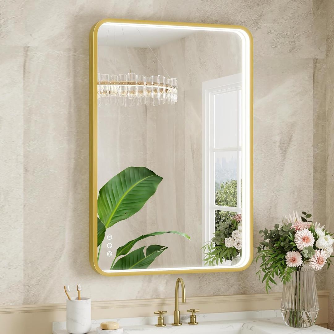 LED Bathroom Mirror with Lights, 24x36 Inch Gold Metal Framed LED Mirror for Bathroom, 3 Colors and Stepless Dimmable Wall Mounted Lighted Bathroom Vanity Mirror, Anti-Fog, Memory