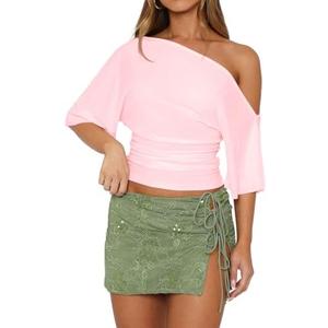 BONITEE Women One Shoulder Tops 2026 Summer Off The Shoulder Shirts Casual Cropped Short Sleeve Top Crop Blouses Tee Tshirts Large