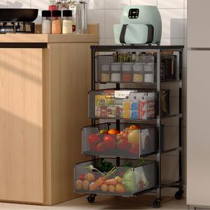 4-Tier Fruit Vegetable Storage Cart - Kitchen Organizer and Storage Cart with Wheels, Wooden Top Metal Wire Fruit Vegetable Rack Stand with Drawers to Storage Cans Snacks for Kitchen(Patent Pending)
