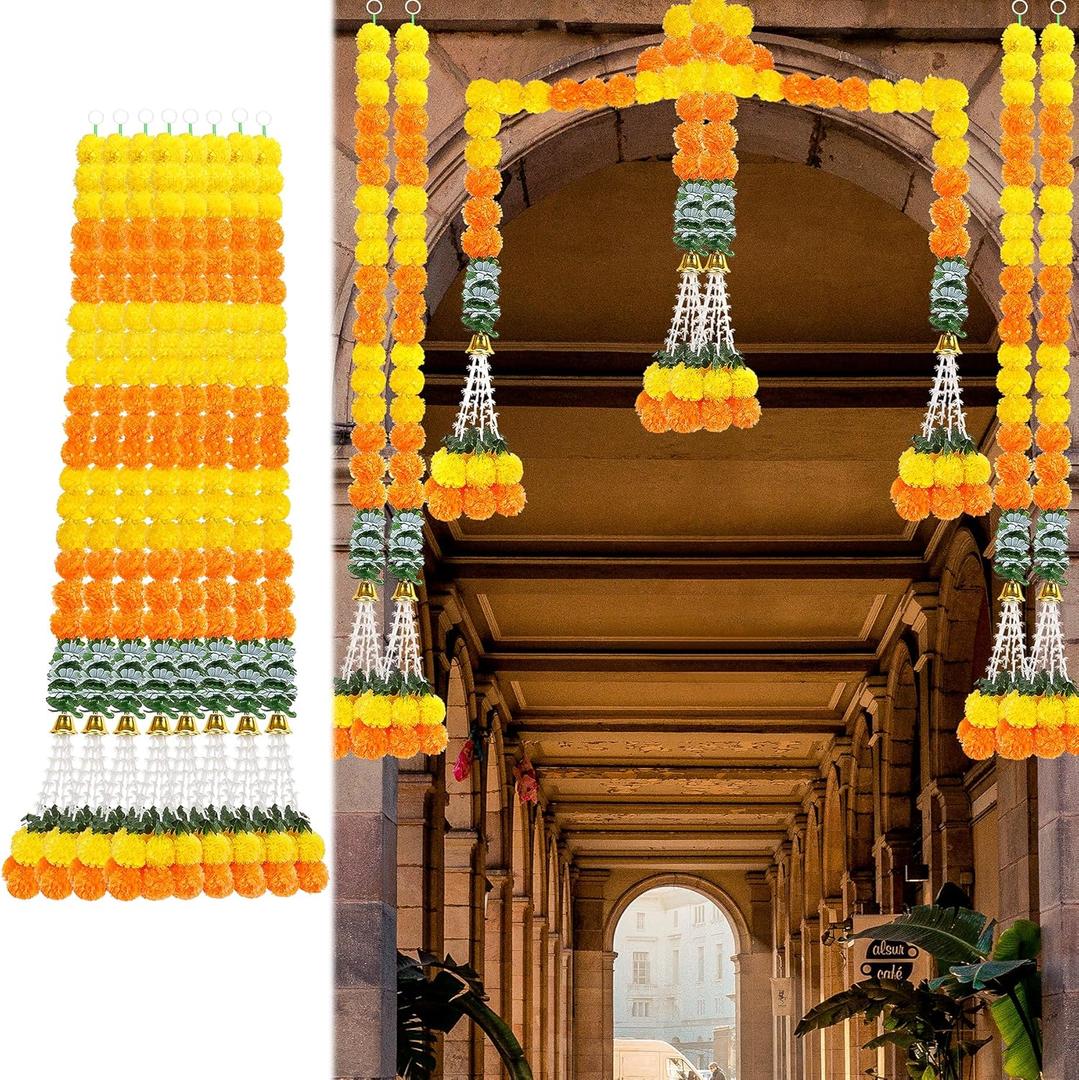 8PCS Diwali Artificial Marigold Garland for Home Decor, Marigold Long Strands with Bells and Leaves for India Wedding, Pooja Decor, Marigold Flowers Strings for Christmas Thanksgiving New Year Party (8pcs Yellow Orange)
