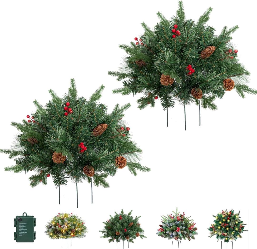 Holiday Planters, Holiday Planter Filler, with red Berries and Pine Cones, Artificial Luminous Christmas Flower with Triangular Stand, for Christmas, Birthday Parties, or as Gifts (2*C)