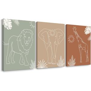 Safari Nursery Wall Art Pictures Baby Animal Canvas Wall Decor Boho Jungle Wall Art Kids Minimalist Poster Elephant Giraffe Lion Prints Nursery Safari Artwork for Bedroom 16x24 Wrapped Canvas Set of 3