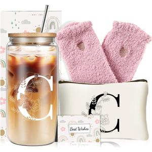 Unique Initial Glass Cup with Lids and Straws, Monogrammed Gifts Box Included Makeup Bag, Christmas Birthday Gifts for Women Mom Sister Grandma, C