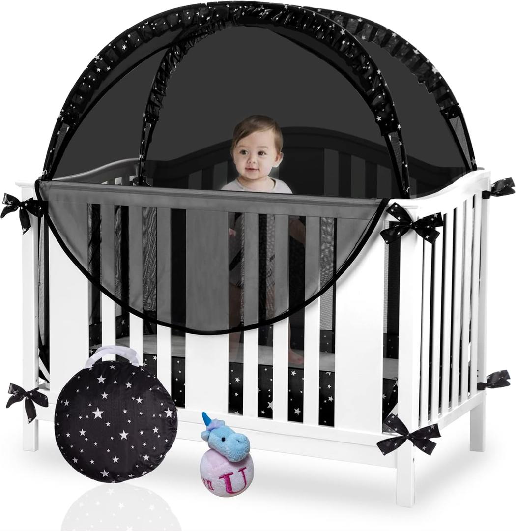 Safety Crib Net to Keep Baby in Black Pop up Crib Cover to Keep Baby from Climbing Out Blackout Crib Cover Mosquitero Net for Baby Travel Easy