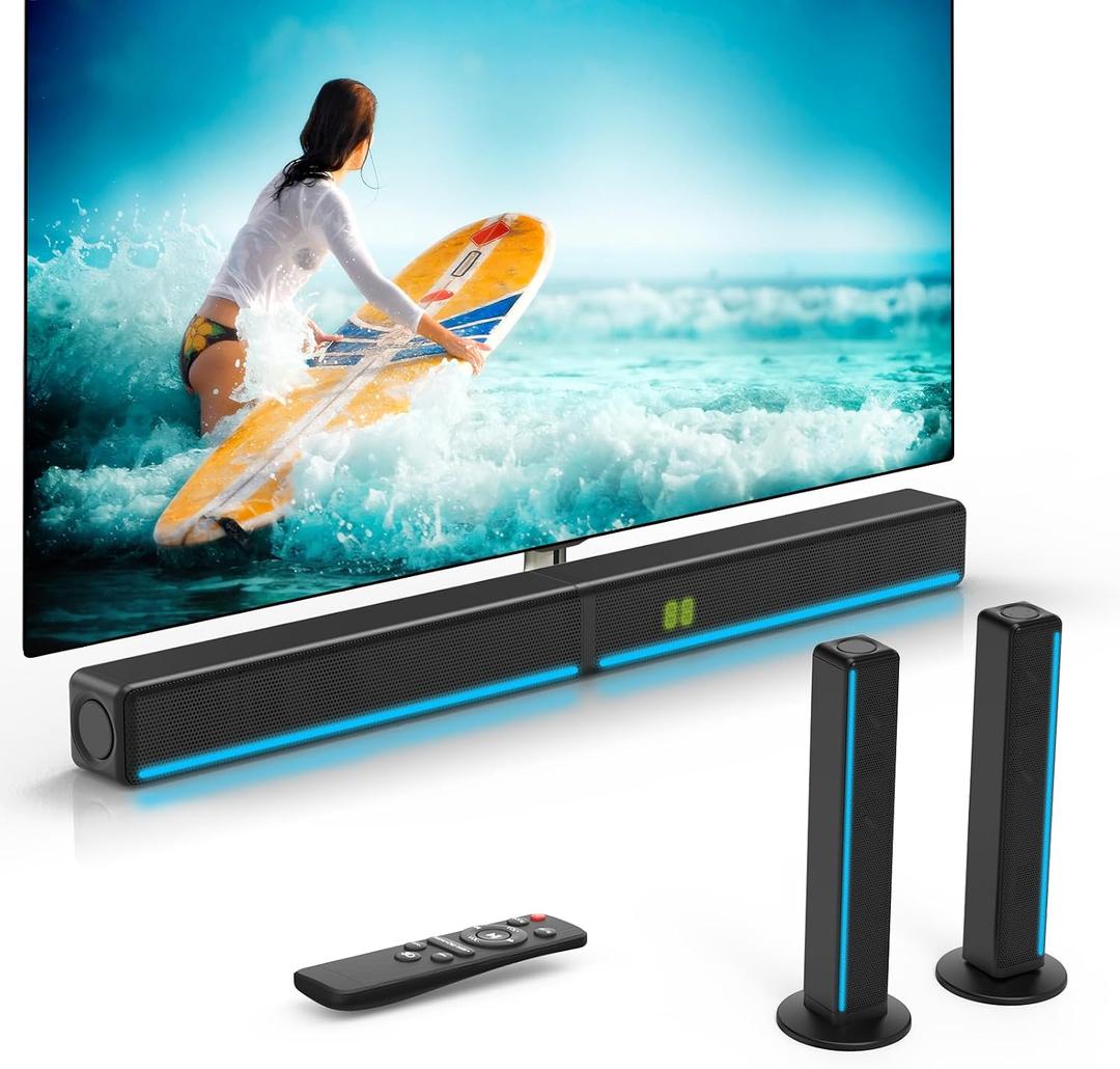 GEOYEAO 2.2 CH Detachable Sound Bar with Built-in Dual Subwoofer, 180W RGB Bluetooth Soundbar for TV, Support HDMI ARC/Optical/AUX, Surround Speaker System for Gaming/Home Theater/PC