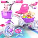 Kkdi Toddler Tricycle for 1-3 3-5 Year Olds, 2 3 4 5 Year Old Girl Birthday Gifts, Purple Toddler Baby Bike, 4-Level Adjustable Seat, 3 Color Light Wheels, 2 Baskets, Outdoor Riding Toys for Ages 2-4