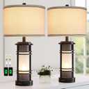 Set of 2 Modern Table Lamps for Living Room, Contemporary Nightstand Lamp with Dual USB Port, Bedside Lamps with White Frosted Glass Night Light for Bedroom, 4 Bulbs Included (Black)