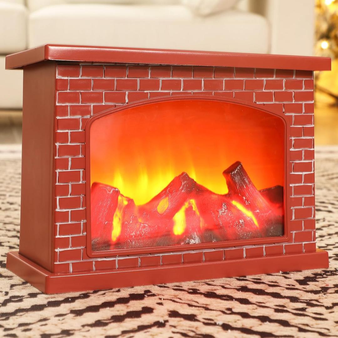 Vicenpal Fireplace Lanterns Decorative Flameless Red Brick Tabletop Fireplace Indoor Battery Operated Fire Place USB Operated for Table Christmas Decorations
