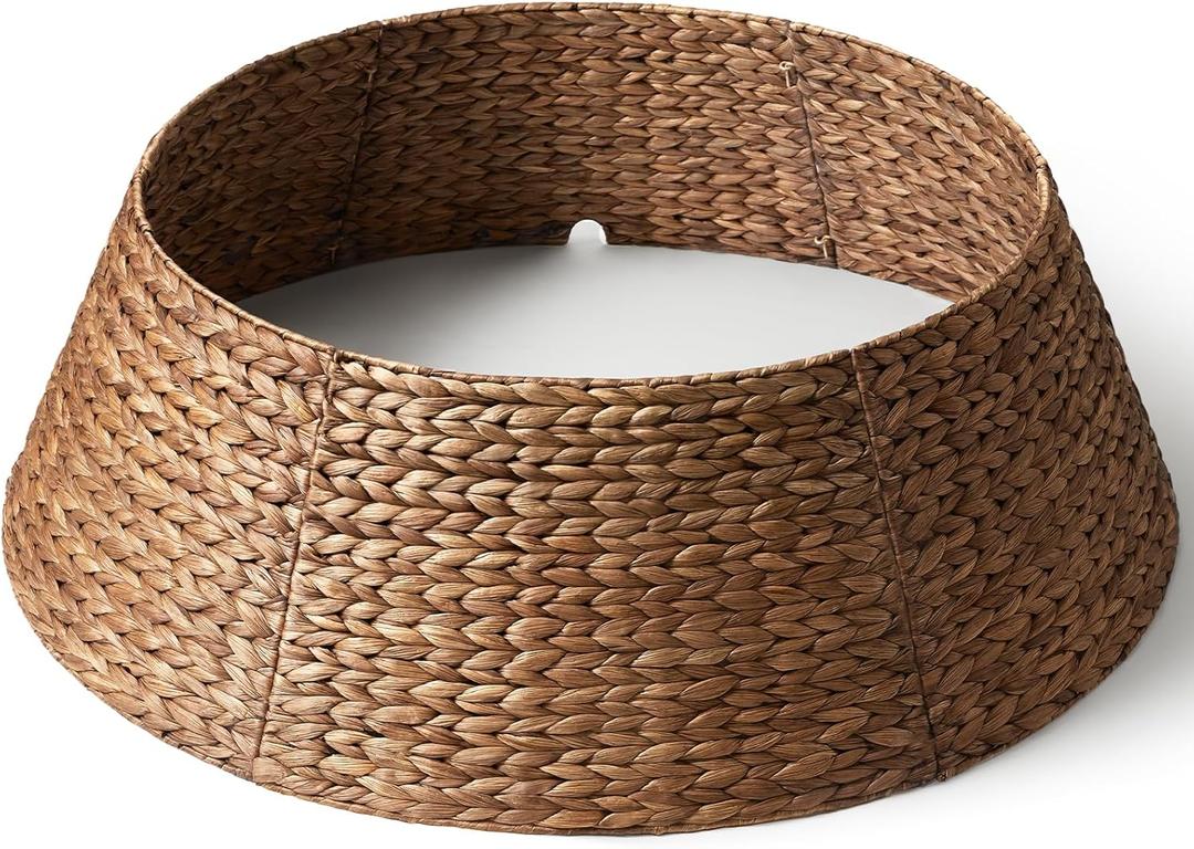 42in Extra Large Christmas Tree Collar - Woven Hyacinth Tree Collars for Artificial Trees - Rattan Rustic Farmhouse Basket for Tree Base Cover with Cord Cut-Out for 9ft 10ft 12ft Tree (Brown)