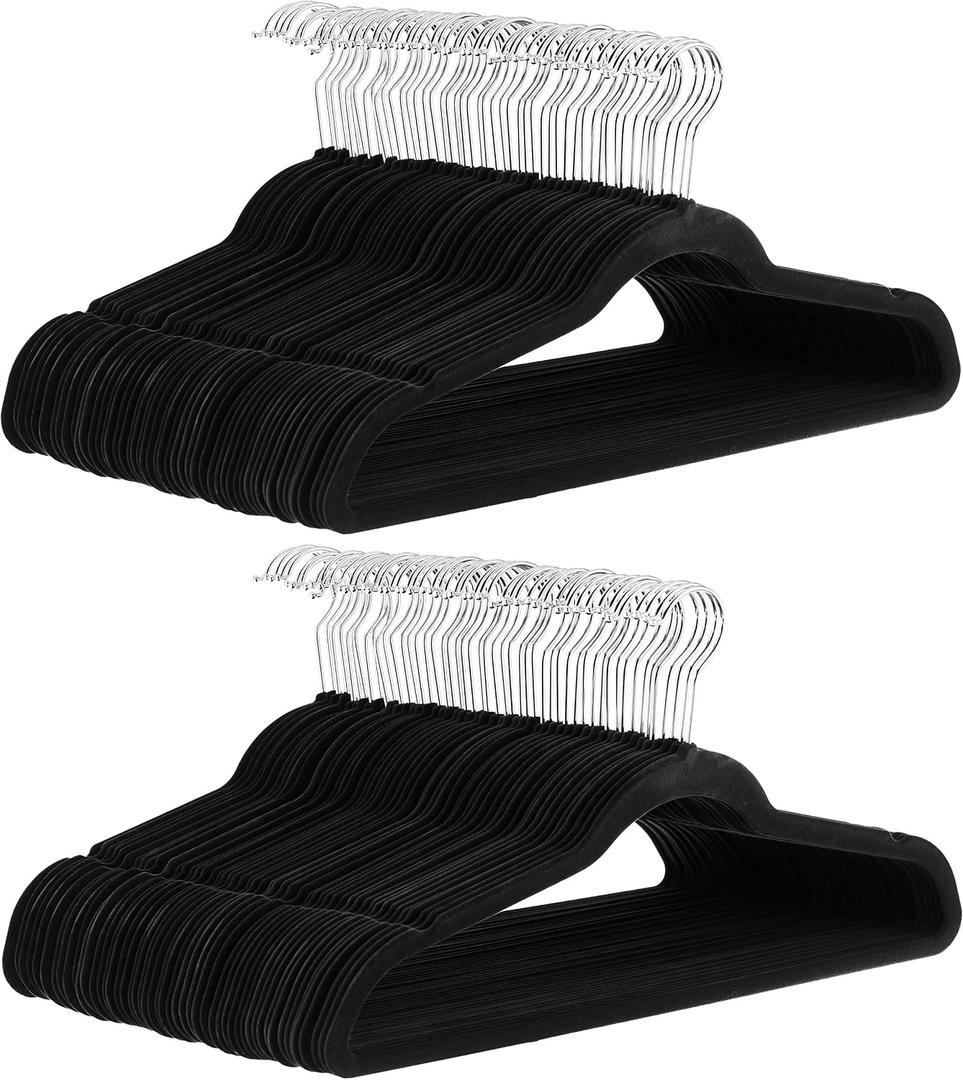 Amazon Basics Slim Velvet Non-Slip Space Saving Suit Clothes Hangers, Closet Organizer, Black/Silver, 100-Pack, Pack of 100