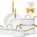 Ceramic Cookware Set, VONIKI 16 Pcs Pots and Pans Set Non Stick, Kitchen Cookware Sets with Cooking Utensils Set, Non Toxic Cookware Set White Gold Pan Set for Cooking Pot Oven & Dishwasher Safe, Gift