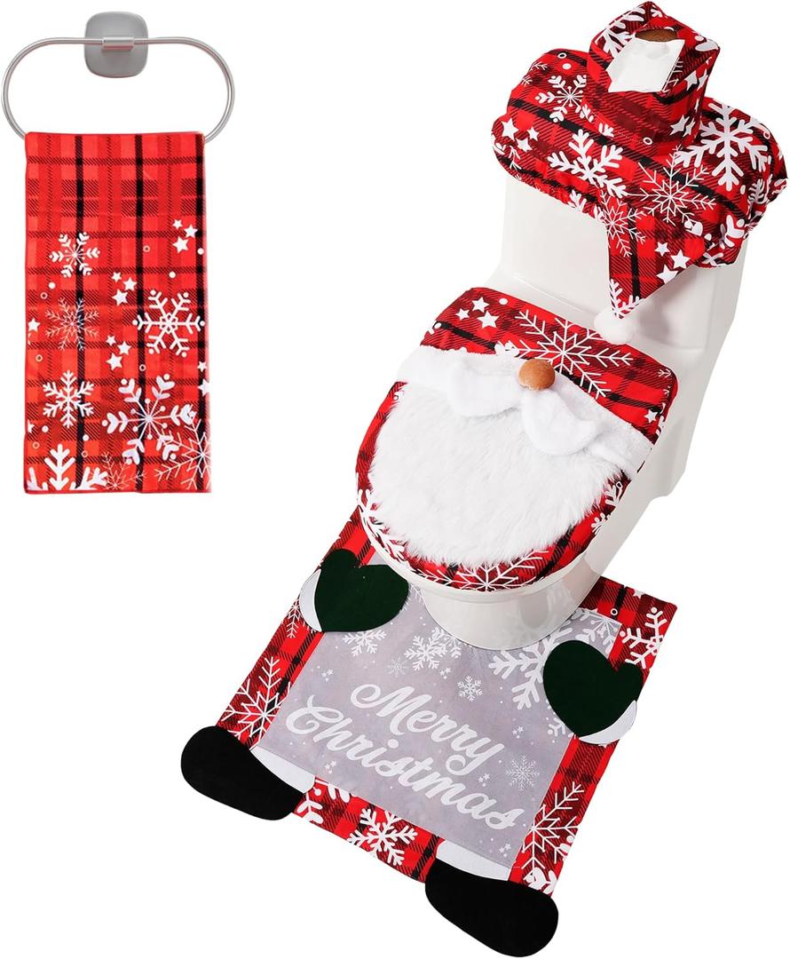 JOYIN 5 Pieces Christmas Theme Bathroom Decoration Set w/Toilet Seat Cover, Rugs, Tank Cover, Toilet Paper Box Cover and Santa Towel for Xmas Indoor Dcor, Party Favors (Gnome)