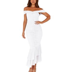GOBLES Women's Sexy Off The Shoulder Slim Fitting Ruffle Buttom Ruched Bodycon Midi Party Dress (White, M)