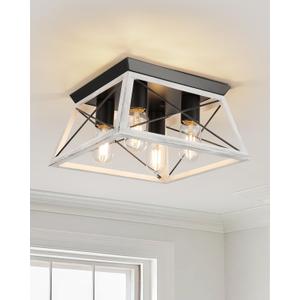 Farmhouse Oak White Flush Mount 4-Light Industrial Kitchen Ceiling Lights, Rustic Flush Mount for Dining Room, Bedroom, Hallway, Entryway, Foyer
