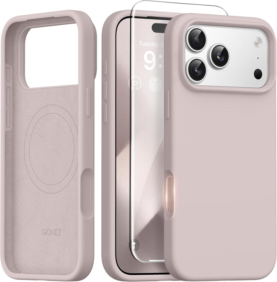 GONEZ Magnetic for iPhone 17 Pro Case, [Compatible with MagSafe] Anti-Scratch Microfiber Lining & Screen Protector, Silicone Camera Control, Shockproof Slim Phone Cover 6.3 inch, Light Taro