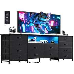 WLIVE 12 Drawer Dresser for Bedroom, Black Dresser TV Stand for 65, 70, 75 inch TV with Led Light & Charging Station, Wide Chest of Drawers with Open Shelves, Fabric Dressers for Closet, Living Room