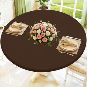 Moosfor Round Spandex Tablecloth, Elastic Fitted Waterproof Tablecloths for 31"-35" Tables, Stretch Washable Picnic Table Cover for Camping, Dining, Indoor and Outdoor, Coffee, For Up to 31"-35" Round