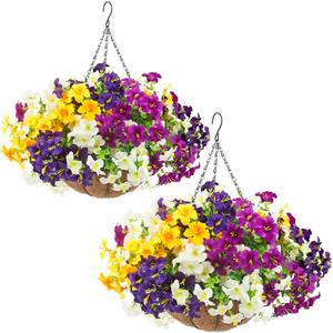 2 Set Artificial Outdoor Flowers with Hanging Baskets,24 Pcs UV Resistant Faux Petunias Flowers with Hanging Planter for Front Door Porch Spring Outside Decor (2, White,Yellow,Purple,RedViolet)
