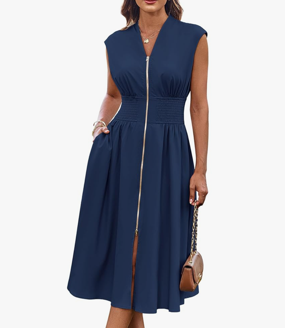 GRACE KARIN Womens Summer Casual Dress V Neck Cap Sleeve Zipper Front Flowy Midi Dress with Pockets Navy Blue S