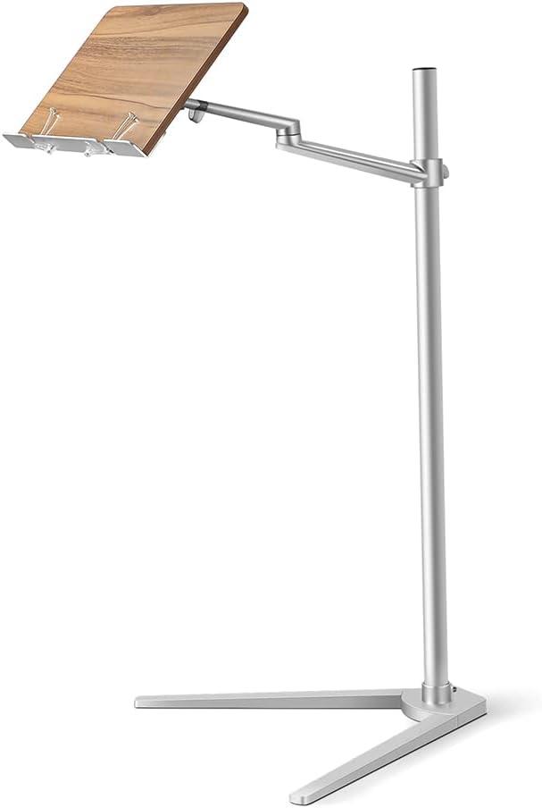 Shikha Book Stand for Reading, Hands-Free Holder for Laptop Phone Tablet with Wooden Pad, Rotated and Lifted Metal Support, 2 Spring Clips.