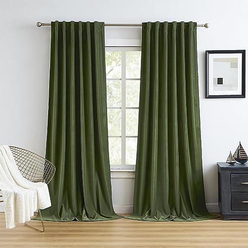 MUMFAS Luxury Velvet Curtains 96 Inches Long 2 Panels Burg, Olive Green Room Darkening Curtains/Drapes for Bedroom Living Room Back Tab Rod Pocket W52 x L96