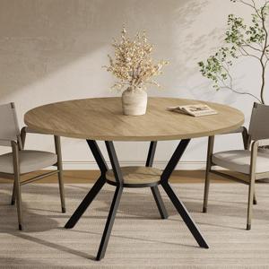 MECHYIN 42'' Round Dining Table for 2–4, Farmhouse Round Kitchen Table with Storage Shelf, Pedestal Dinner Table, Wood Top & Metal Base, Small Space Table for Apartment, Dining Room, Light Oak