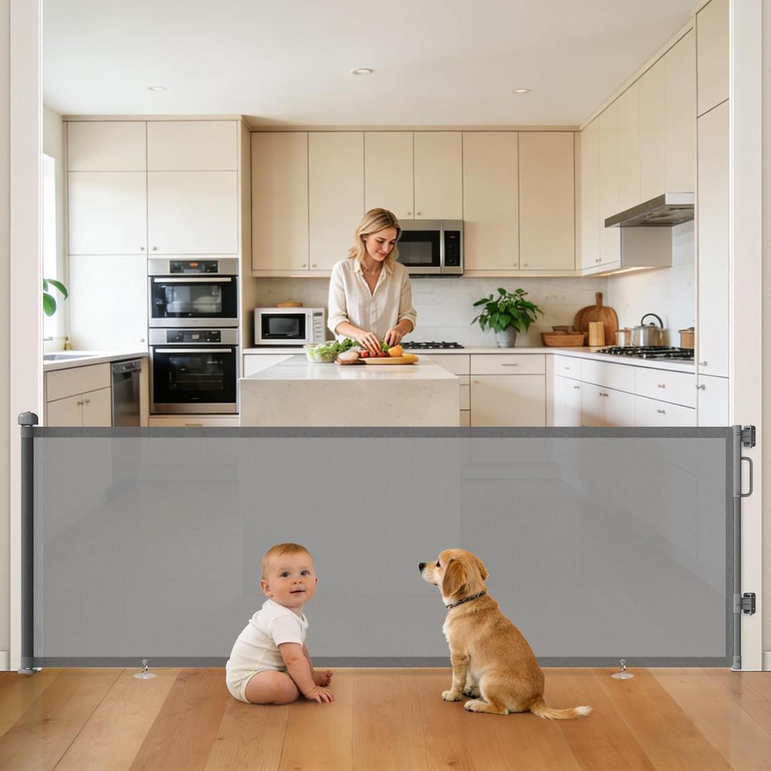 96" Retractable Baby Gates Large Openings, Extra Wide Mesh Dog Gate for Garage Deck Porch, Strong Suction Disc Prevent Crawling Under, 34" Tall Long Safety Gate for Child Indoor Outdoor, Gray