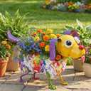 Colorful Metal Dog Planter with Wobbly Head and Colorful Body, Paint Marble Pattern, Outdoor Garden Decor, Indoor Animal Home Decoration Staue, Yard Art Ornament, Flower Pot