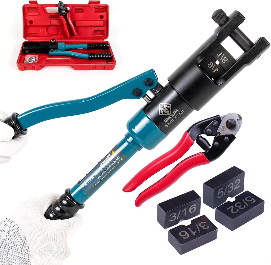 Muzata Upgraded Custom Cable Railing Crimping Tool Hydraulic Crimper Hydraulic Crimping Tool for 1/8" 5/32" 3/16" Stainless Steel Cable Railing Kit Wire Rope Swaging Kit with Wire Cutter CT01