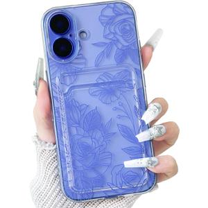 NITITOP Compatible with iPhone 16 Case with Card Holder Clear Cute Line Rose Floral Flowers for Women Girls Soft TPU Wallet Shockproof Protective Cover - Blue