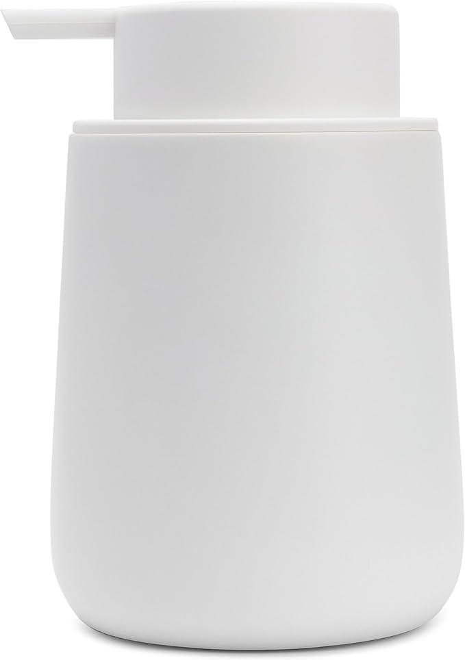 Matte White Round Soap Dispenser for Kitchen & Bathroom – 9 oz Refillable Resin Pump Bottle for Dish Soap, Hand Soap, Shampoo, Conditioner – Modern Countertop Dispenser with NonSlip Protective Pads