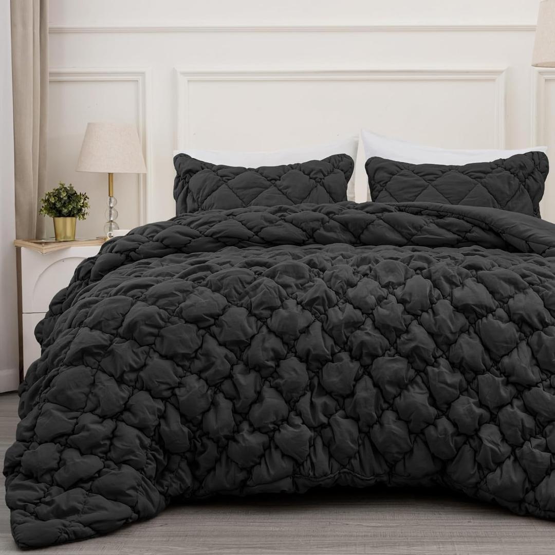 PHF Diamond Marshmallow Puff Comforter Set Queen Size, 3 Pieces Ultra Soft Lightweight Bedding Set for All Season, Pattern Textured 1 Comforter with 2 Pillow Shams, Black