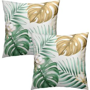 Giwawa Palm Leaf Pillow Cover Set of 2 Tropical Green Brown Banana Leaves Floral Cotton Throw Pillowcases Summer Monstera Flower Soft Square Cuchion Covers 20"x20" for Couch Sofa Patio Decor