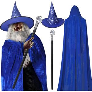 Hicarer 4 Pcs Halloween Wizard Costume Set Include Wizard Hat Cloak Wig Beard Wand Costume Accessories for Adults (Blue, Black, Gray)