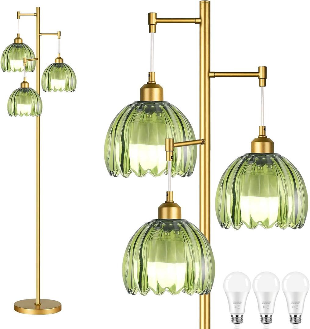 Gold Floor Lamps for Living Room Bedroom-3 Light Green Glass Floor Lamp with Three Led Bulb, Rustic Tall Floor Lamp Gold Standing Lamp Tree Floor Lamps for Living Room Bedroom,Office,Corner (4.5inch)