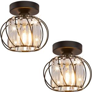 Semi Flush Mount Crystal Ceiling Light Pack of 2, Metal Cage Hallway Ceiling Lamps, Farmhouse Ceiling Light Fixture, Industrial Crystal Chandelier for Corridor Bathroom Kitchen (Black, 7.5 Inch)