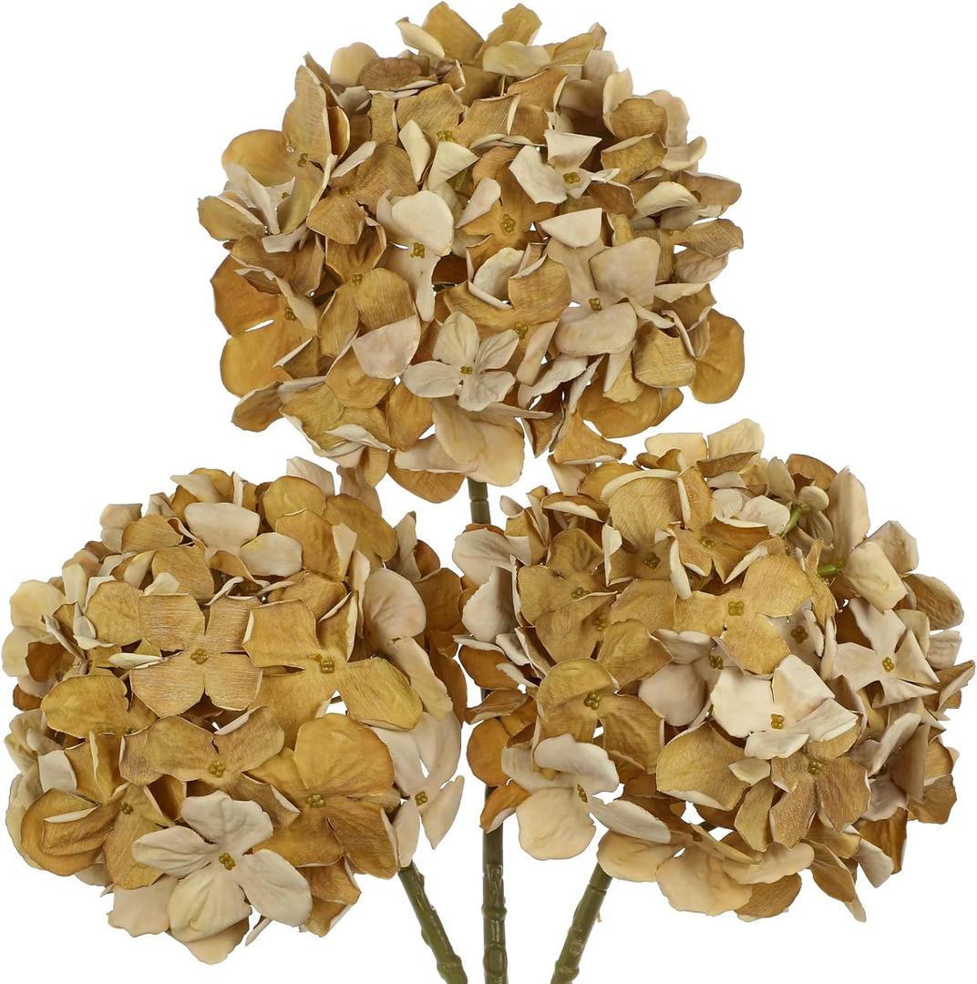 Oairse Sand Brown Hydrangea Artificial Flowers, 19.6in Dried Textured Silk Hydrangea Flowers with Stems 3 Pcs Fake Flower Bouquet Faux Floral Stems Artificial Flower Bulk for Table Wedding Home Decor